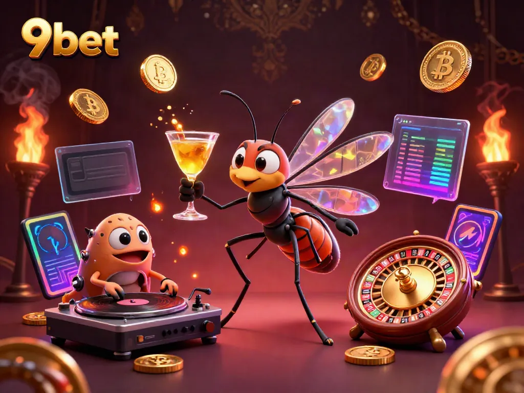 Engage with 9bet's thrilling atmosphere captured in an animated casino scene featuring vibrant characters and game elements.