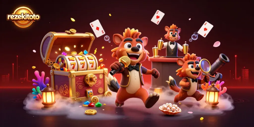 Experience rezekitoto in vibrant 3D with hyenas engaging in casino fun and dynamic gaming elements.