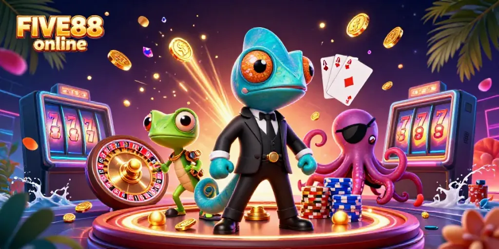 Engage in the thrill of gambling with FIVE88 online, featuring a dynamic 3D casino scene.