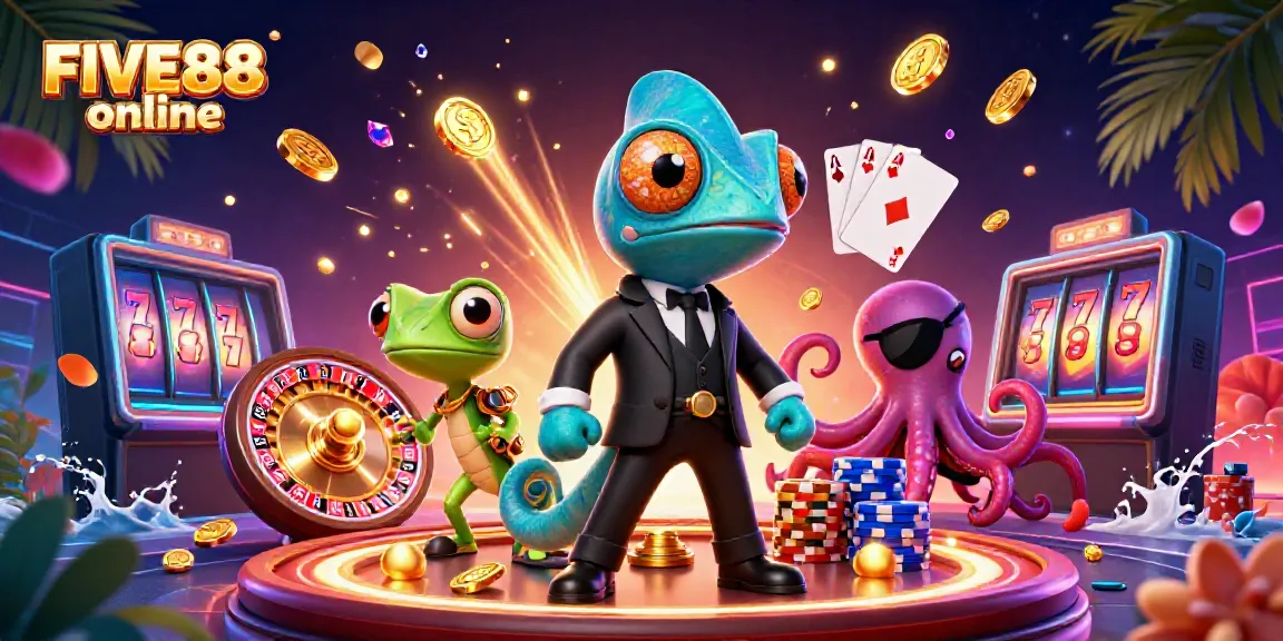 Engage in the thrill of gambling with FIVE88 online, featuring a dynamic 3D casino scene.