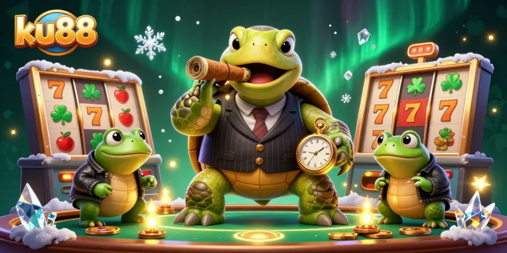 ku88 showcases a dynamic casino scene with a turtle in mob attire and frog enforcers amidst slot reels.