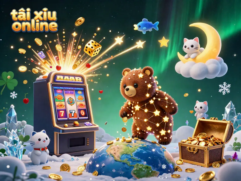 Engaging scene of a vibrant tài xỉu online game with golden coins flying around, featuring a constellation bear and shooting stars.