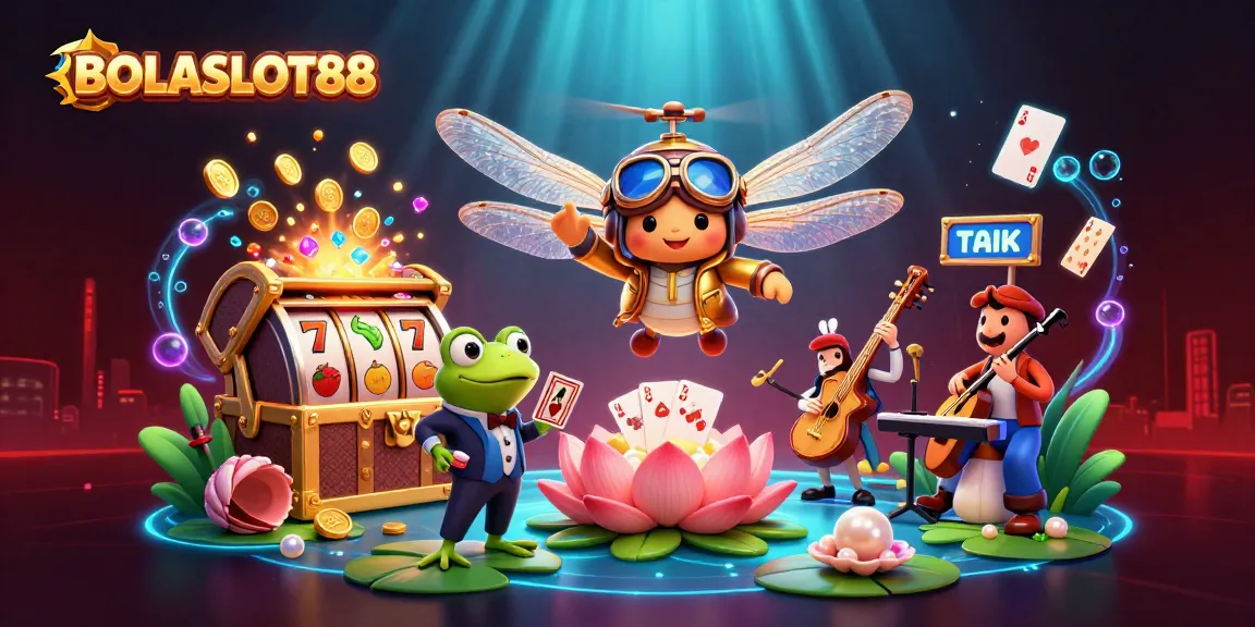 BOLASLOT88 showcases a vibrant casino scene with a dragonfly pilot and frog dealer among slot symbols.
