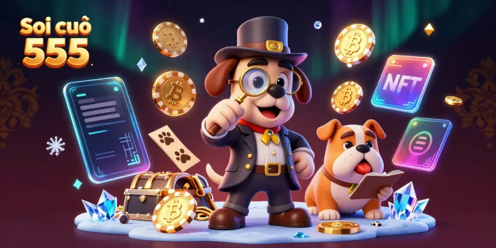 Engage with Soi cầu 555 as the detective uncovering poker clues and cryptocurrency riches in a vibrant casino setting.