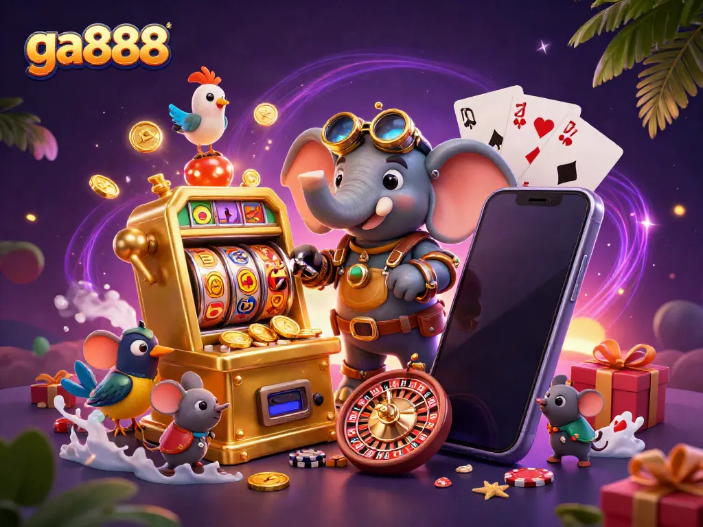 Engage in thrilling slots with ga888, featuring a vibrant steampunk elephant engineer and golden coins.