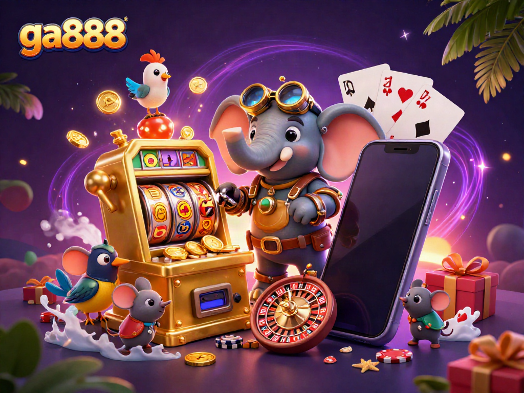 Engage in thrilling slots with ga888, featuring a vibrant steampunk elephant engineer and golden coins.