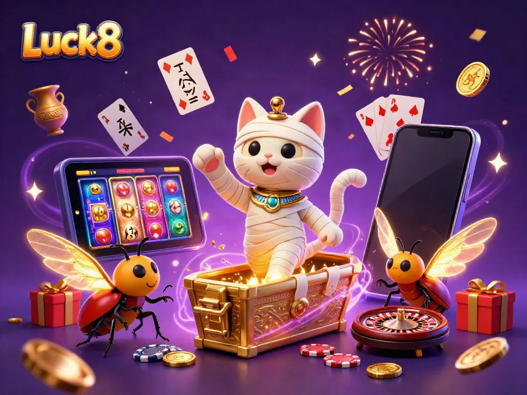 Experience Luck8's thrilling casino world with a mummy cat and scarab buddy amidst golden winnings.