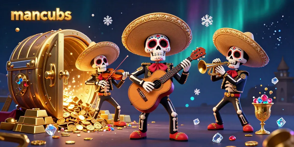Join the vibrant celebration at manclubs with a colorful mariachi band surrounded by treasures.