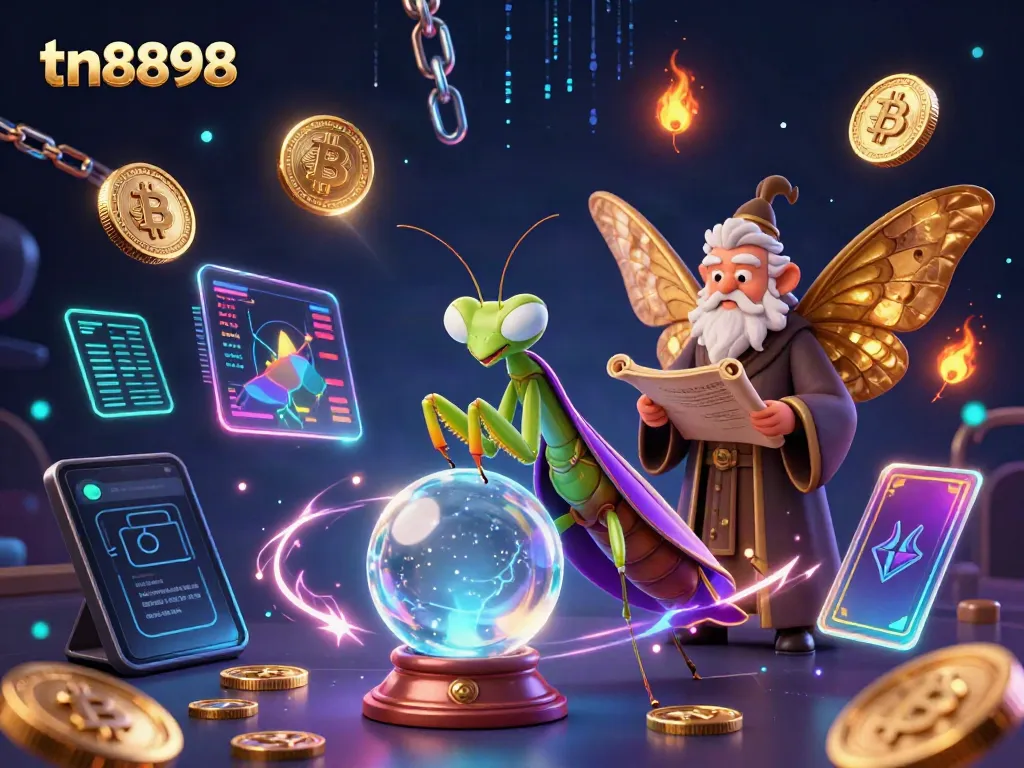 Engage in thrilling gaming at tn8898 with a vibrant 3D casino illustration showcasing fortune-telling characters and crypto elements.