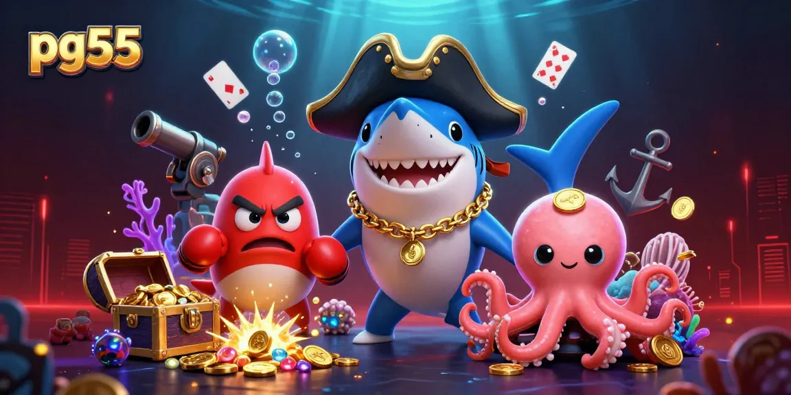 pg55 showcases a vibrant underwater gambling adventure with pirate characters and treasure.