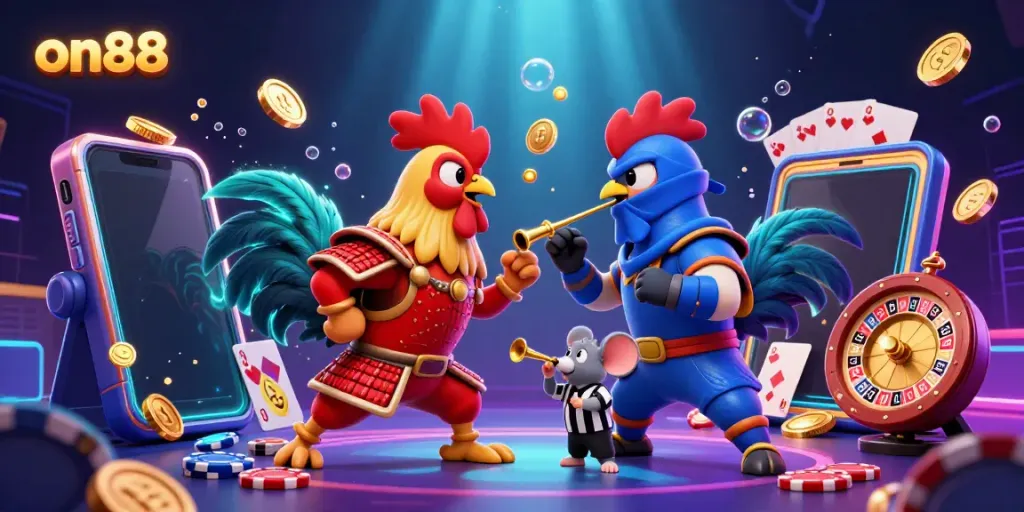 Players immerse in the thrill of on88 while witnessing an epic rooster duel amidst casino games.