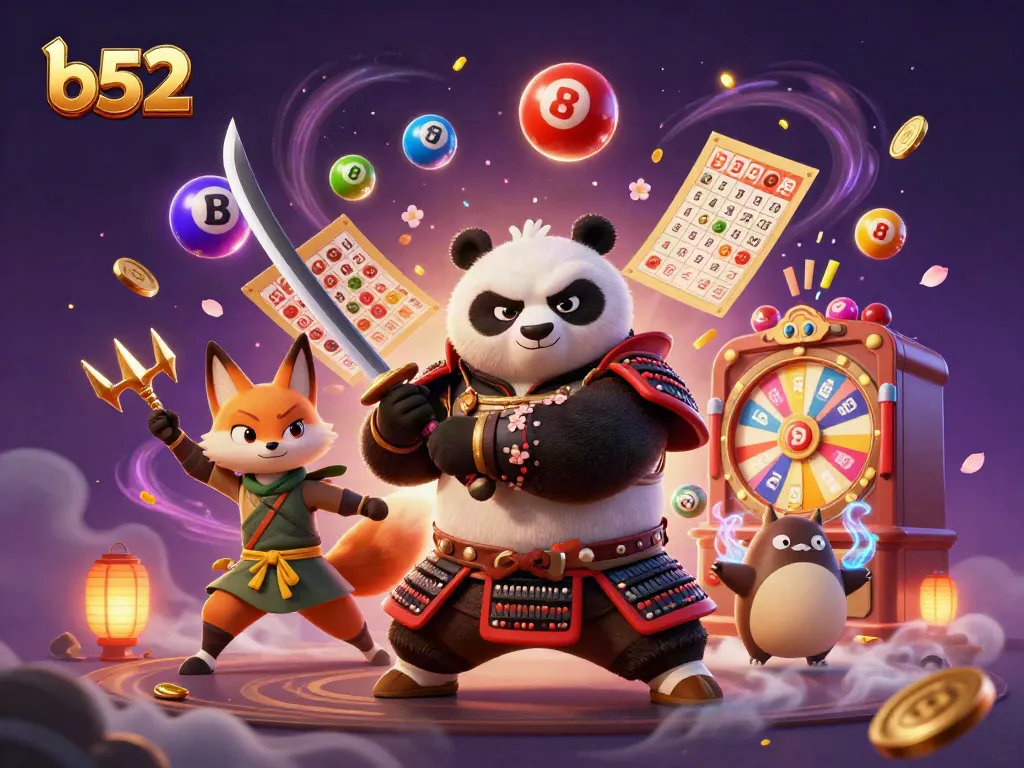 Experience the thrill of b52 with a dynamic 3D scene featuring samurai panda and ninja fox in a vibrant casino atmosphere.