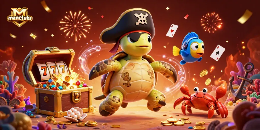 Engage in exciting casino adventures with manclubs featuring a pirate turtle, a hermit crab, and vibrant treasures.