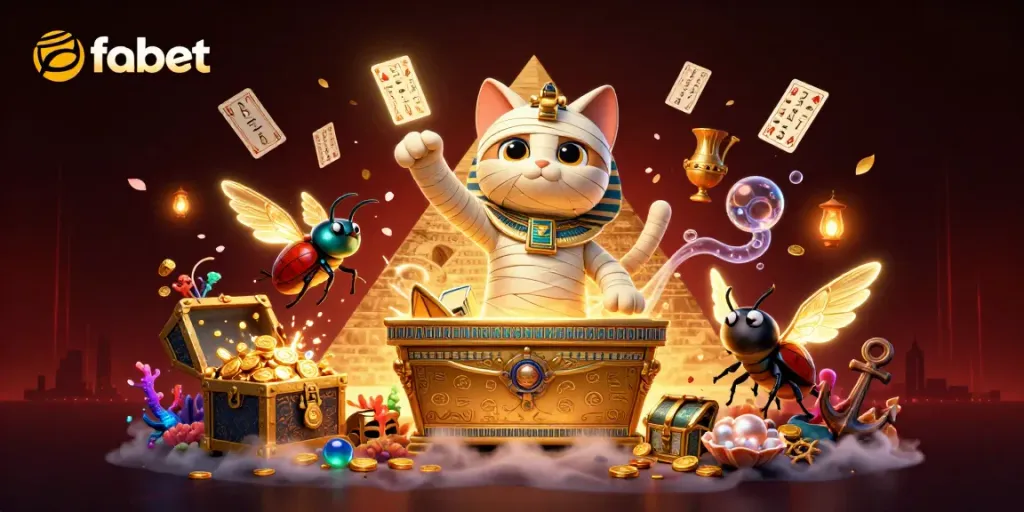 Experience fabet's thrilling gameplay with a lively mummy cat and glowing treasures in a vibrant casino.