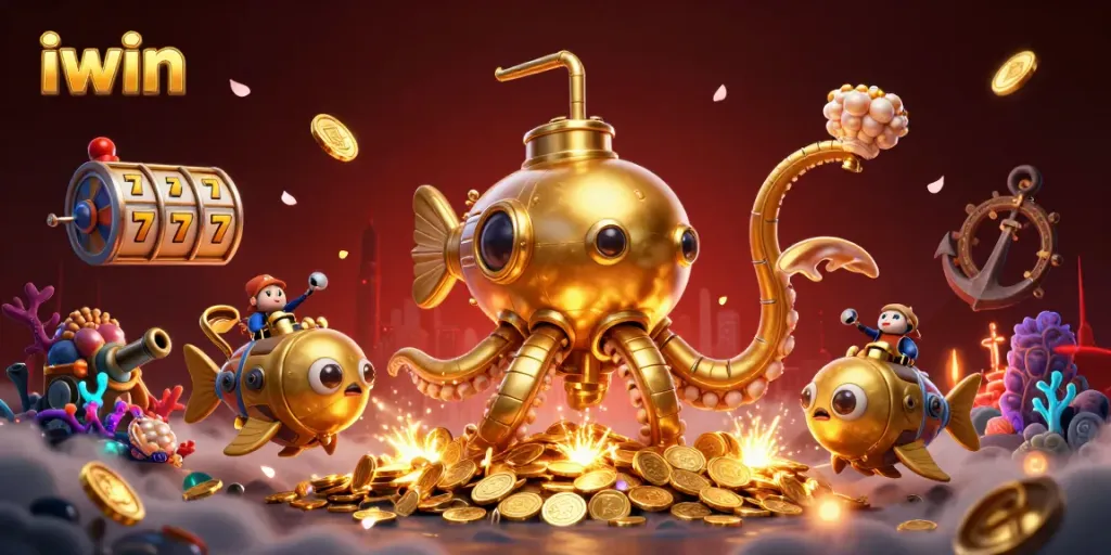 Experience the thrill of iwin with vibrant imagery of a golden kraken and casino elements.