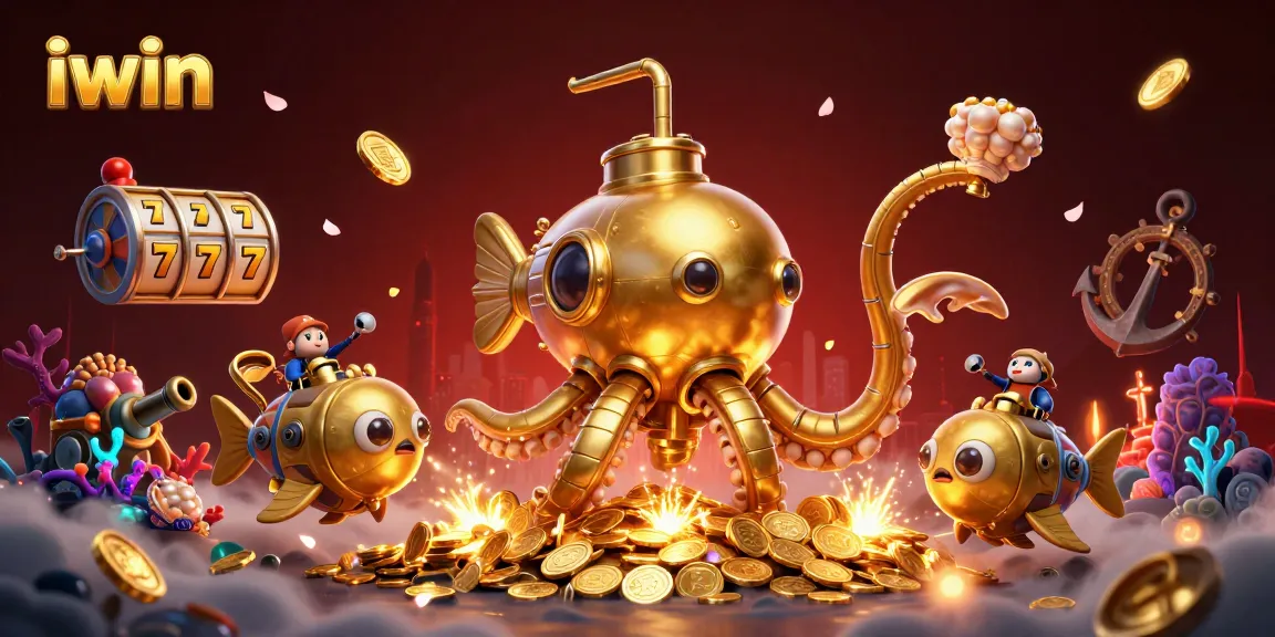 Experience the thrill of iwin with vibrant imagery of a golden kraken and casino elements.