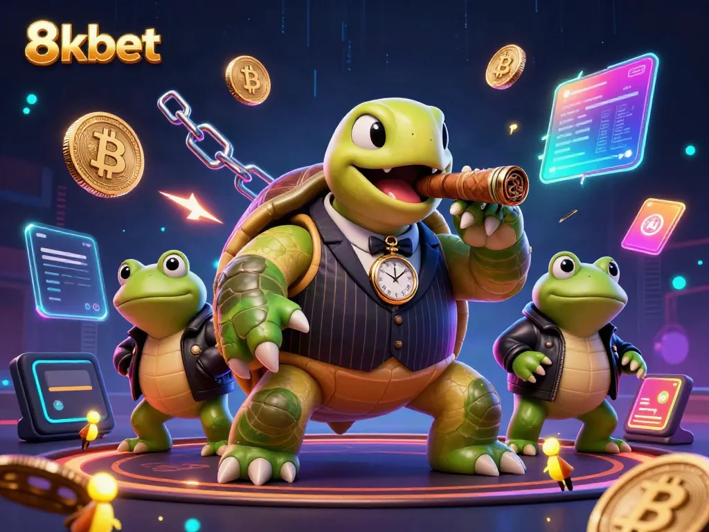 Engage with 8kbet through a dynamic casino scene featuring colorful characters and crypto elements.