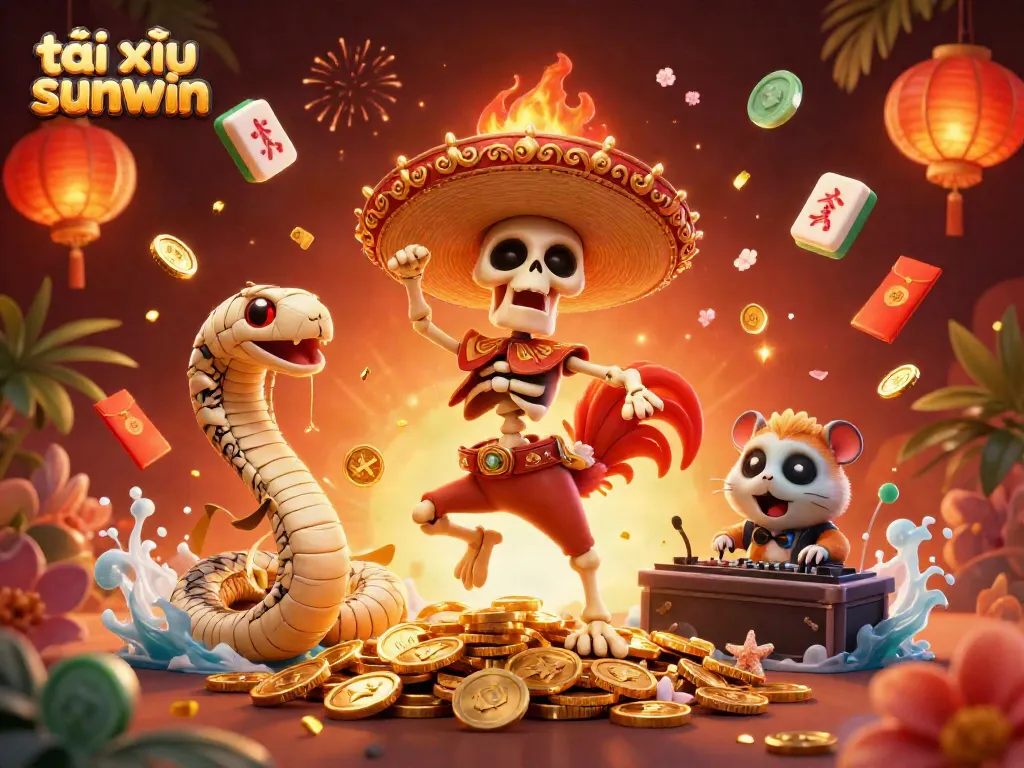 Engaging scene showcasing tài xỉu sunwin characters celebrating on golden coins amidst festive game elements.