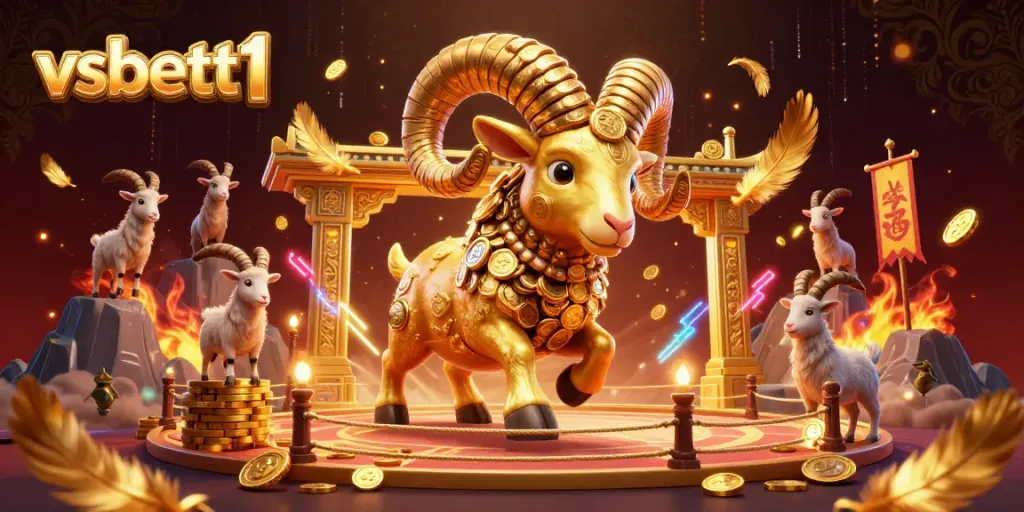 Experience the thrill of vsbett1 with dynamic golden ram characters charging through a richly detailed casino scene.