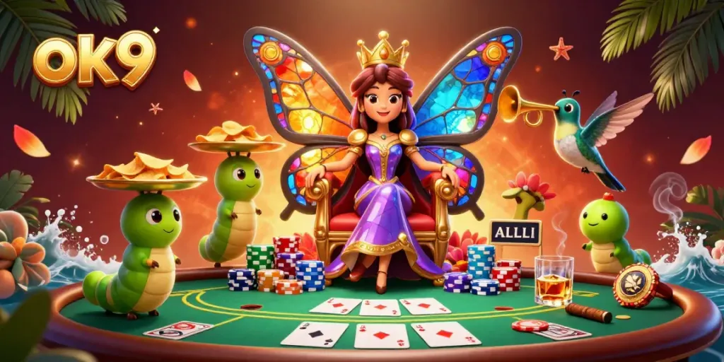 Experience thrilling poker action with the ok9 butterfly queen in a vibrant 3D casino scene.