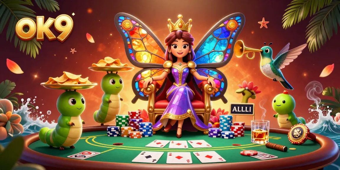 Experience thrilling poker action with the ok9 butterfly queen in a vibrant 3D casino scene.