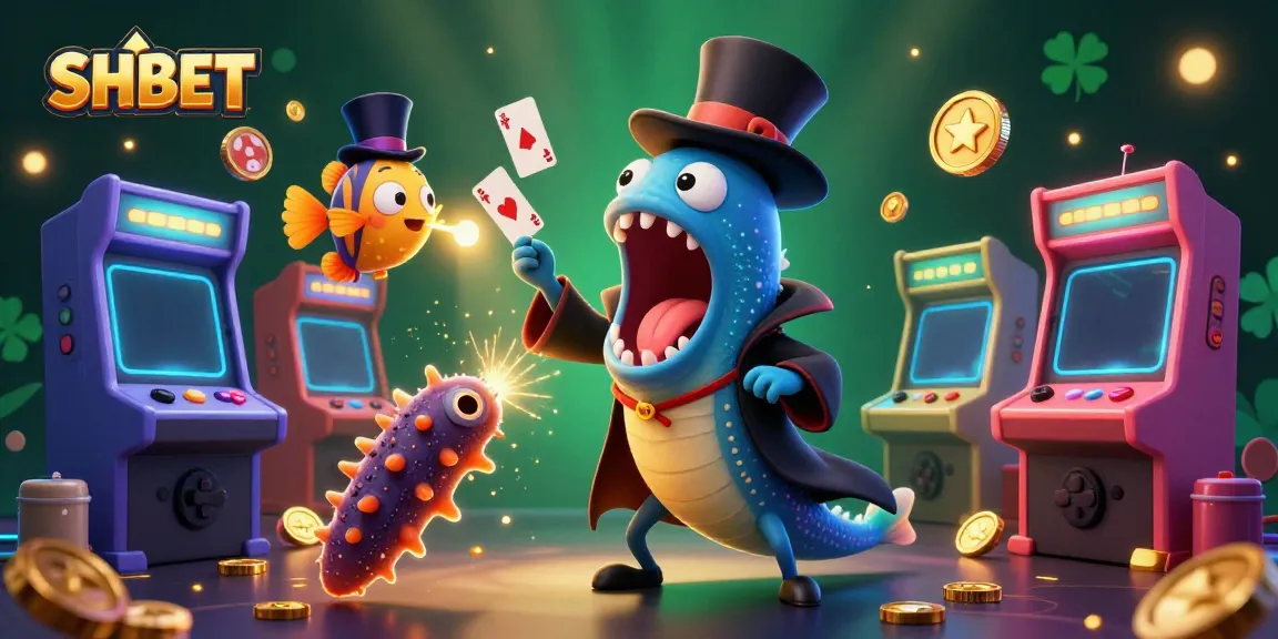 SHBET card tricks in an animated casino setting with colorful game machines and glowing elements.