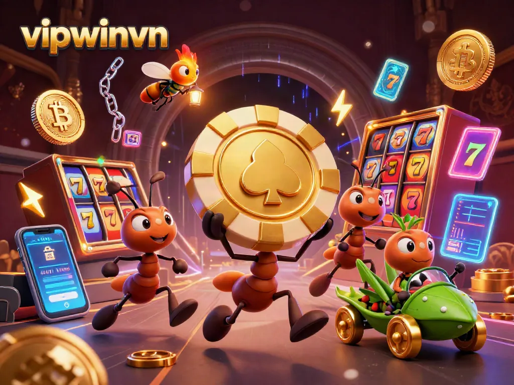 Experience thrilling gameplay with vipwinvn as ants heist golden poker chip amidst neon casino elements.