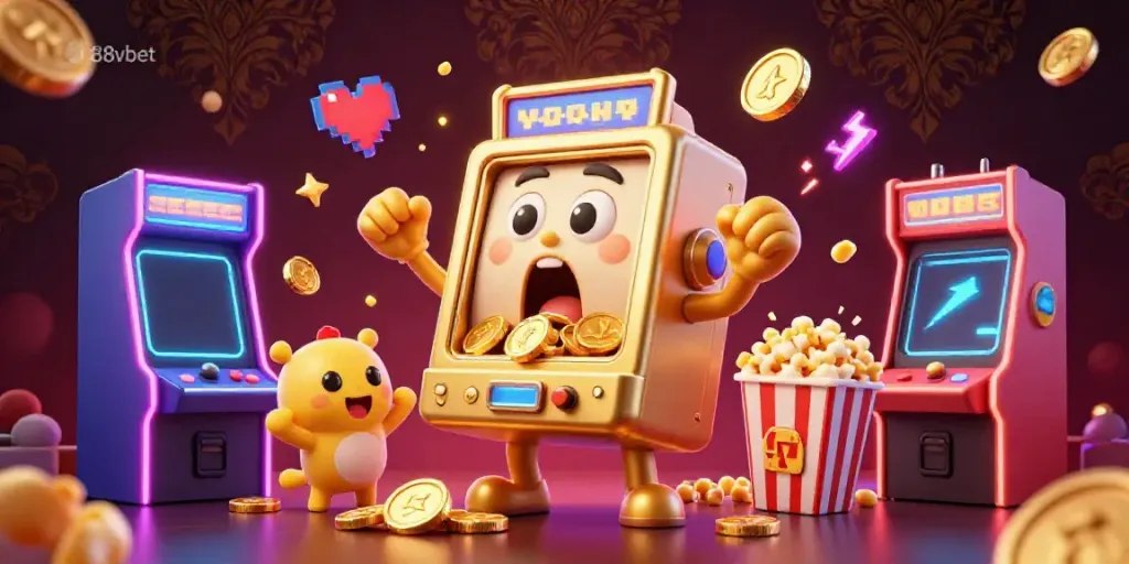 88vbet highlights an engaging scene with a golden slot machine celebrating a jackpot amidst cheering companions.