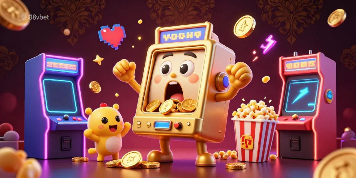 88vbet highlights an engaging scene with a golden slot machine celebrating a jackpot amidst cheering companions.
