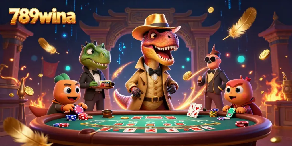 789wina velociraptor card counter in action at a vibrant casino scene with dynamic elements.