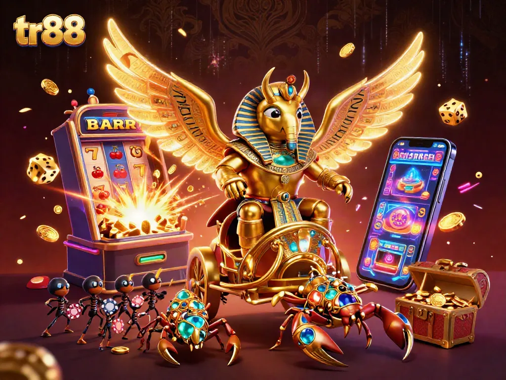 tr88 gameplay illustration with a golden scarab beetle, scorpions, and casino elements bursting with coins