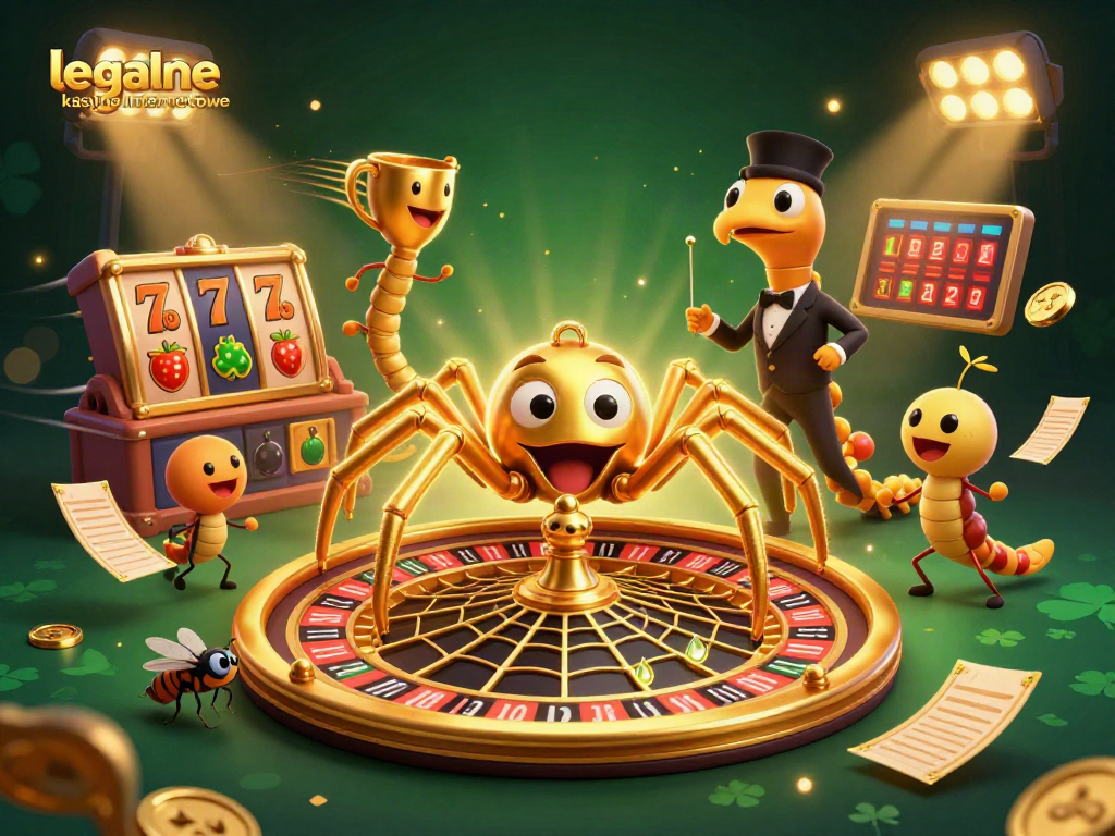 Engage with legalne kasyna internetowe in a vibrant scene featuring a golden spider, bets, and casino elements.