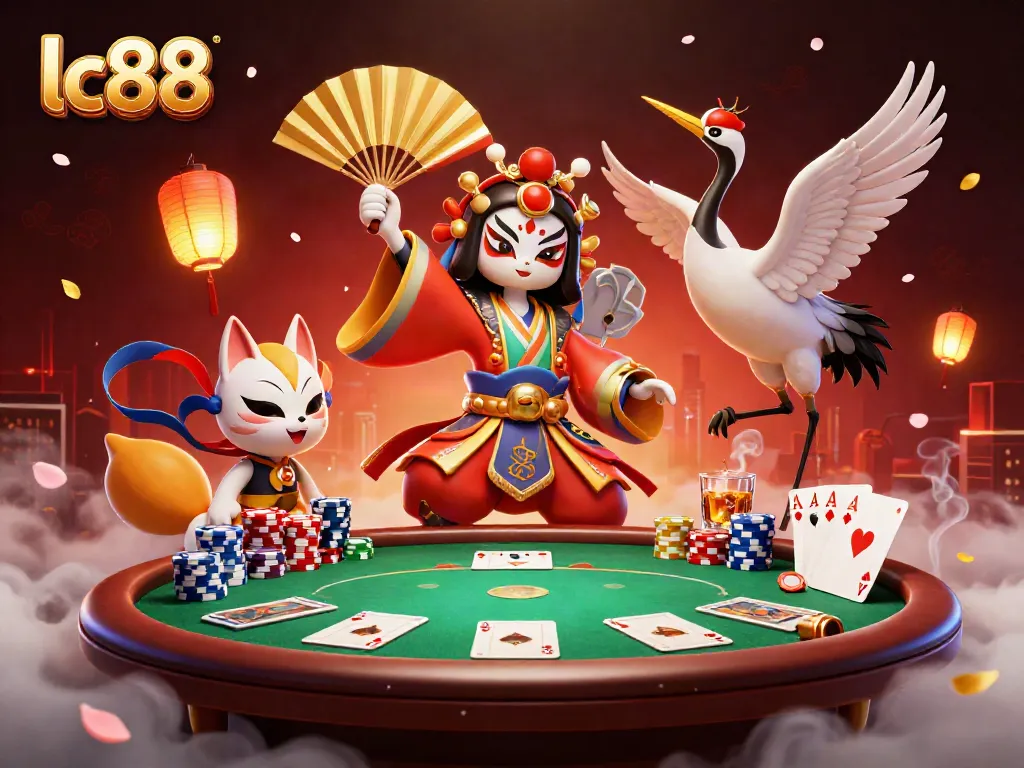 Engage with lc88’s vibrant casino world featuring kabuki warriors and poker elements.
