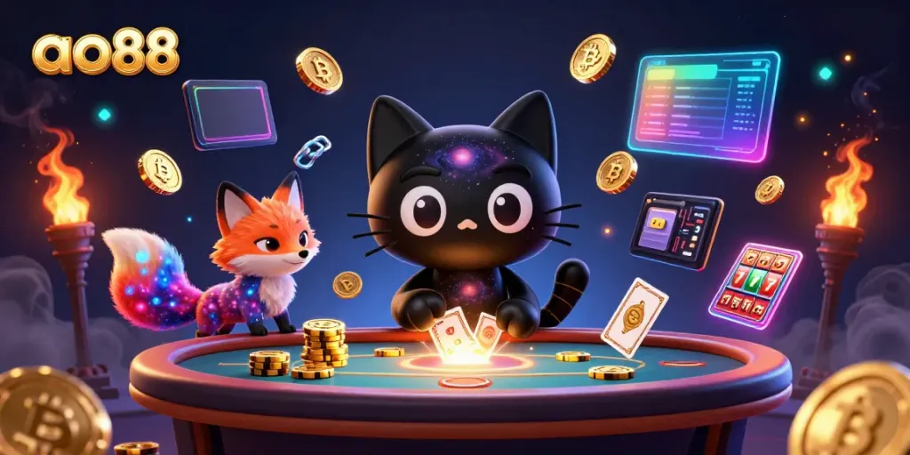 Engage with ao88 in a cosmic casino setting featuring black hole cat, nebula fox, and vibrant gaming elements.