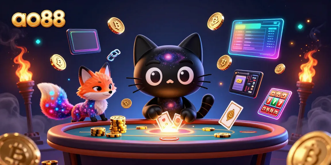 Engage with ao88 in a cosmic casino setting featuring black hole cat, nebula fox, and vibrant gaming elements.