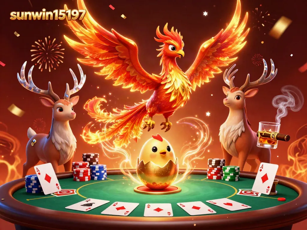 Experience the thrill of sunwin15197 with a vibrant casino scene featuring mythical elements and poker excitement.