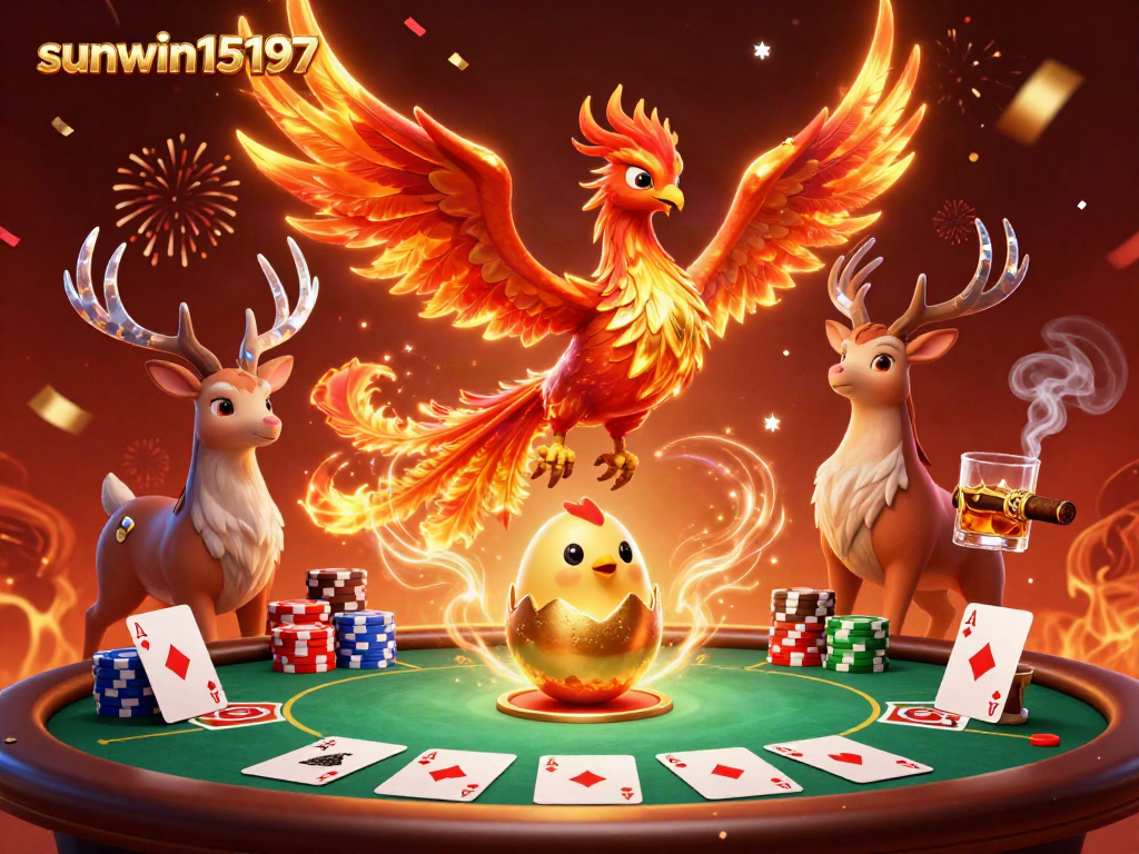 Experience the thrill of sunwin15197 with a vibrant casino scene featuring mythical elements and poker excitement.