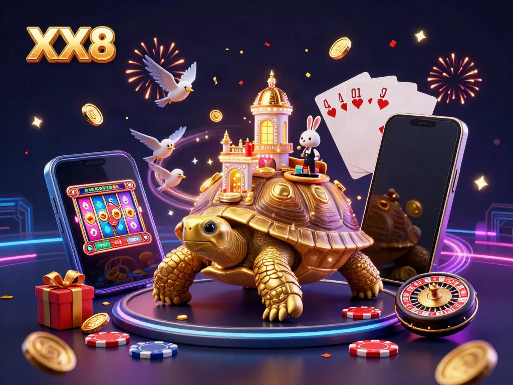 Experience the thrill of slots at XX8 with a lively casino scene featuring golden tortoise, rabbit dealer, and flying coins.