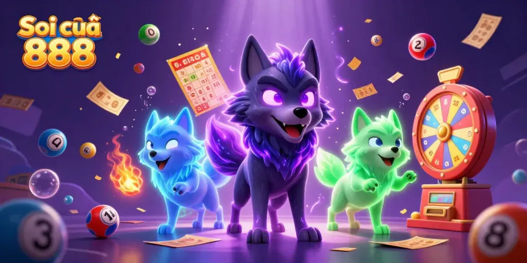 Engaging scene of Soi cầu 888 showcasing a wolf pack leader with glowing eyes amidst colorful lottery elements and dynamic energy