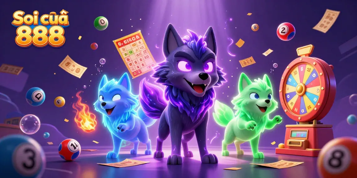 Engaging scene of Soi cầu 888 showcasing a wolf pack leader with glowing eyes amidst colorful lottery elements and dynamic energy