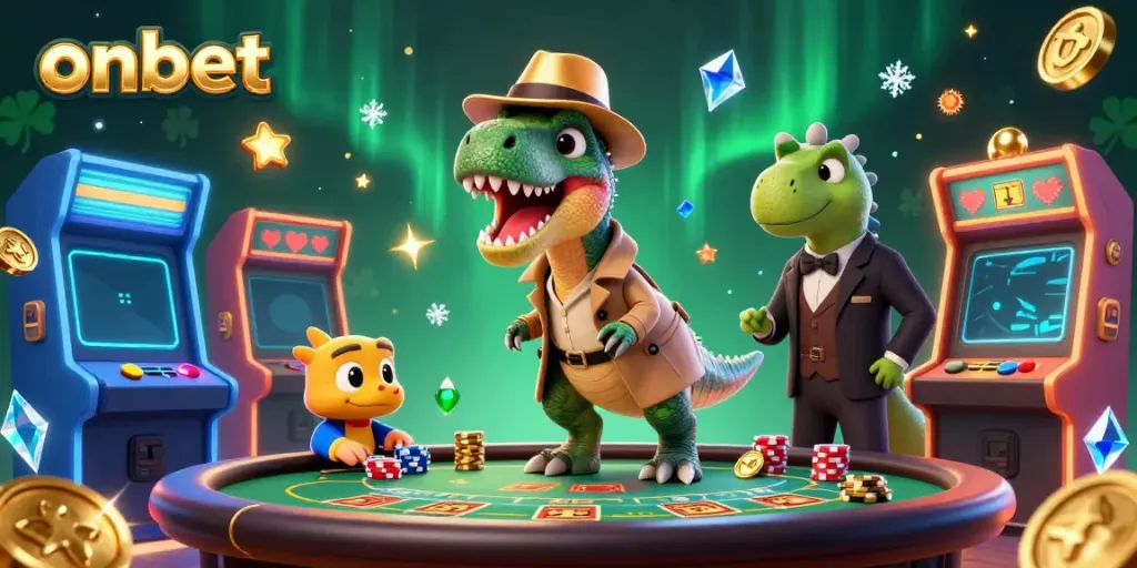Engage in thrilling gameplay at ONBET's lively casino scene featuring a velociraptor card counter.