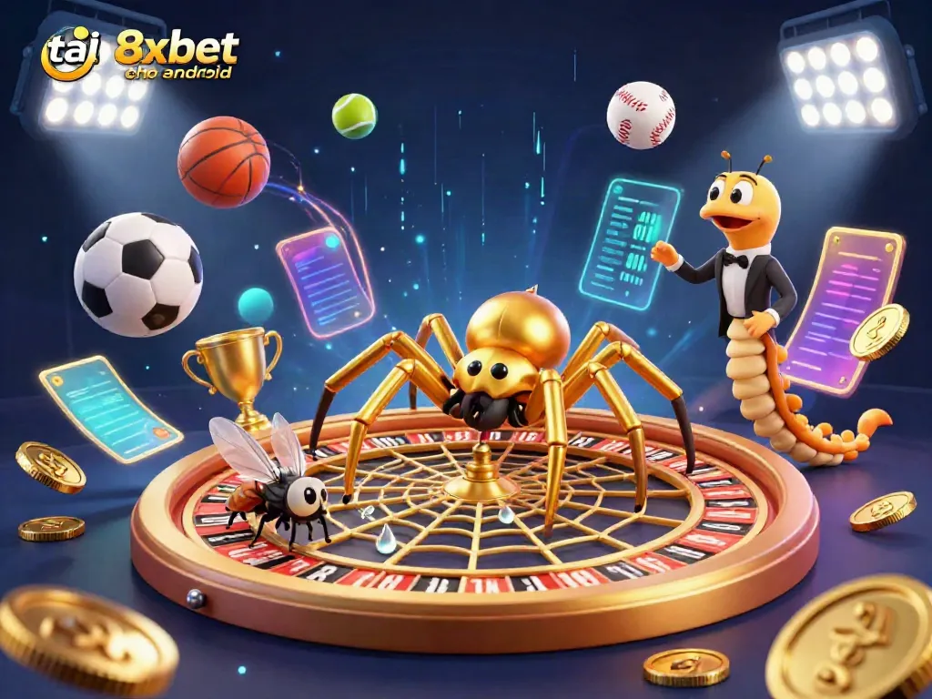 Experience betting excitement with the dynamic scene showcasing tại 8xbet cho android featuring a golden spider and sports elements.