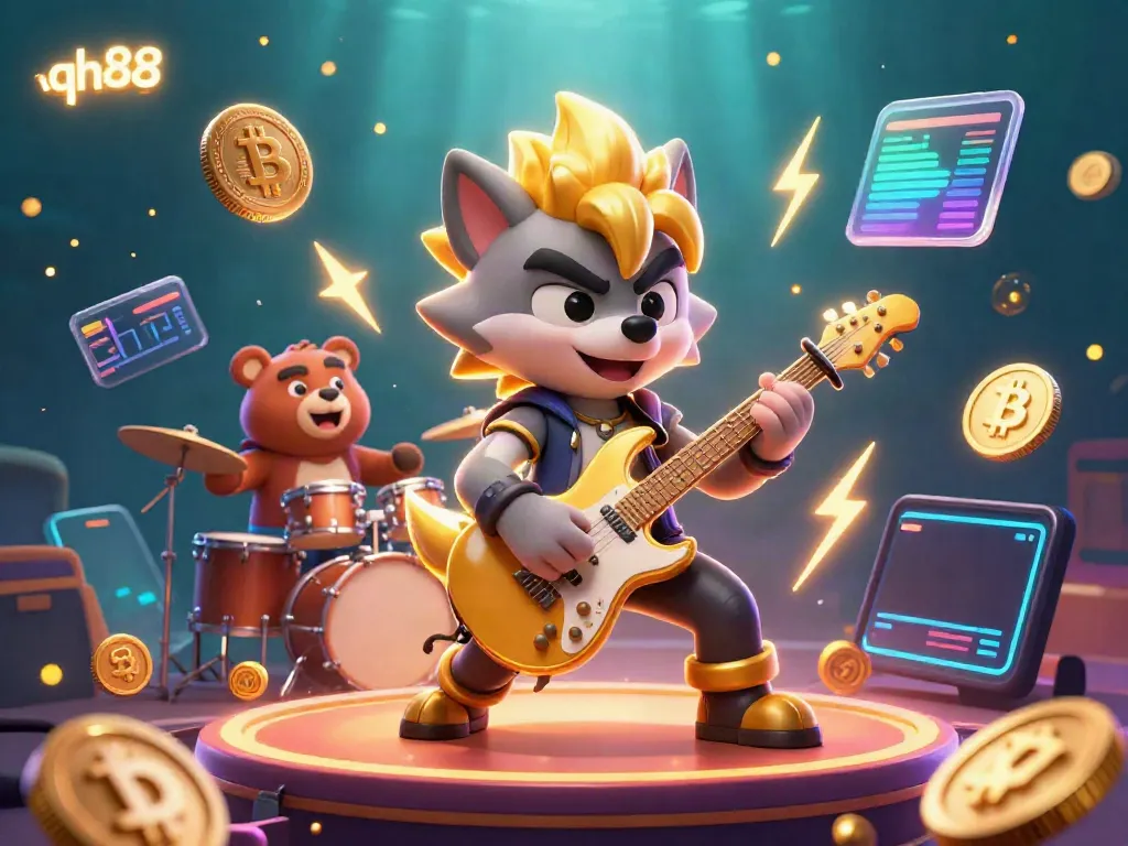 Experience the thrilling energy of qh88 gaming with a cartoon wolf guitarist and vibrant elements in a casino setting.