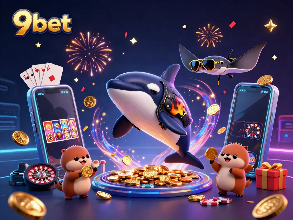 Experience one-of-a-kind 9bet gaming thrills with fun characters enjoying a high-energy scene.