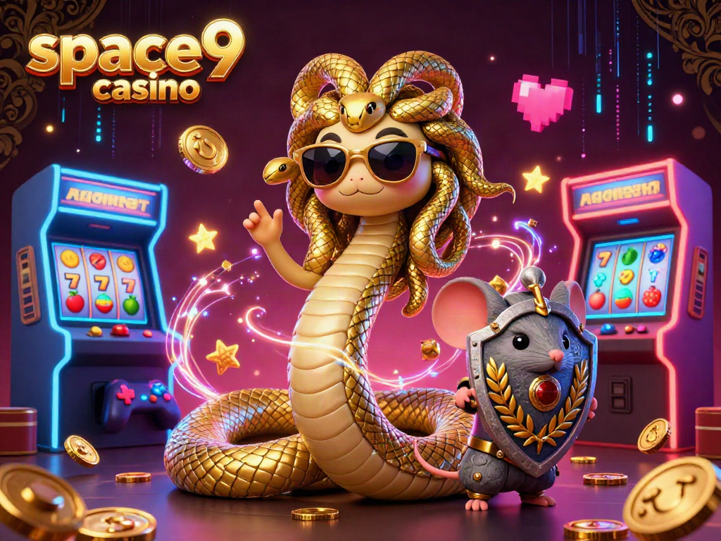 Interact with the mesmerizing space9 casino featuring Medusa and a warrior mouse in a vibrant gaming scene.