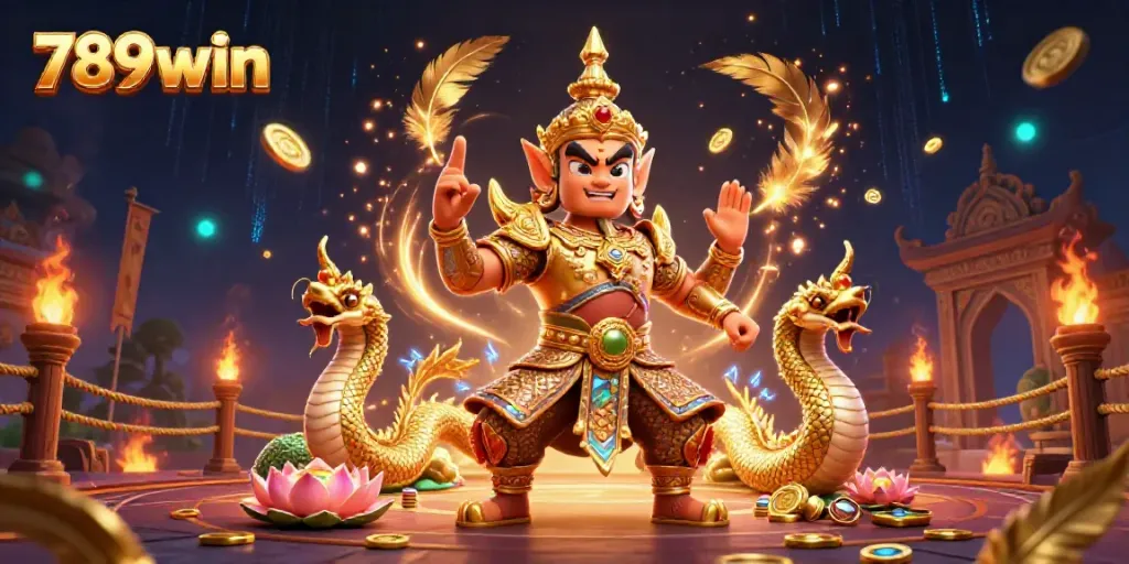 Engage with the dynamic spirit of 789win's vibrant casino illustration featuring a guardian and gold elements.