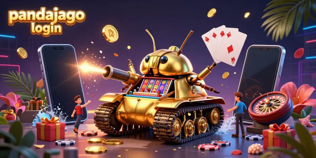 Putar slot di pandajago login dengan tampilan kasino mini yang menarik dan koin emas berhamburan.
