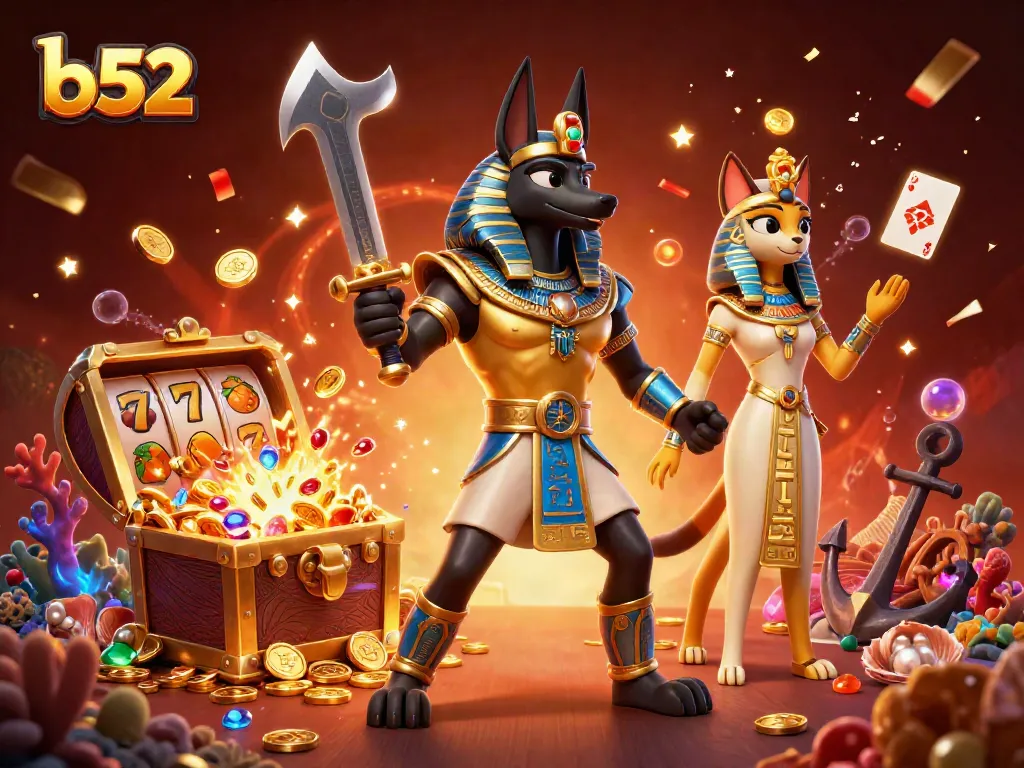 Engage with b52's thrilling slot reels and treasure as Anubis and Bastet embark on a casino adventure.