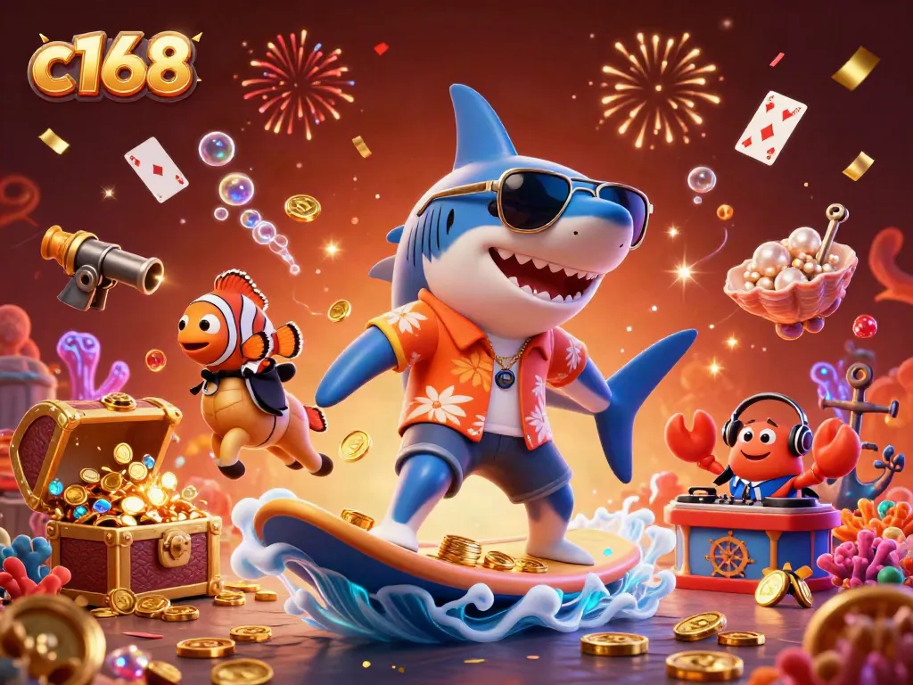 Exciting c168 themed casino scene with a shark, seahorse, and crab celebrating amidst gold coins.