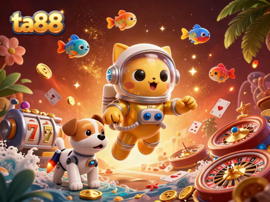 Engage in gaming excitement at ta88 with a playful scene of a cartoon astronaut cat and robot dog surrounded by casino elements.